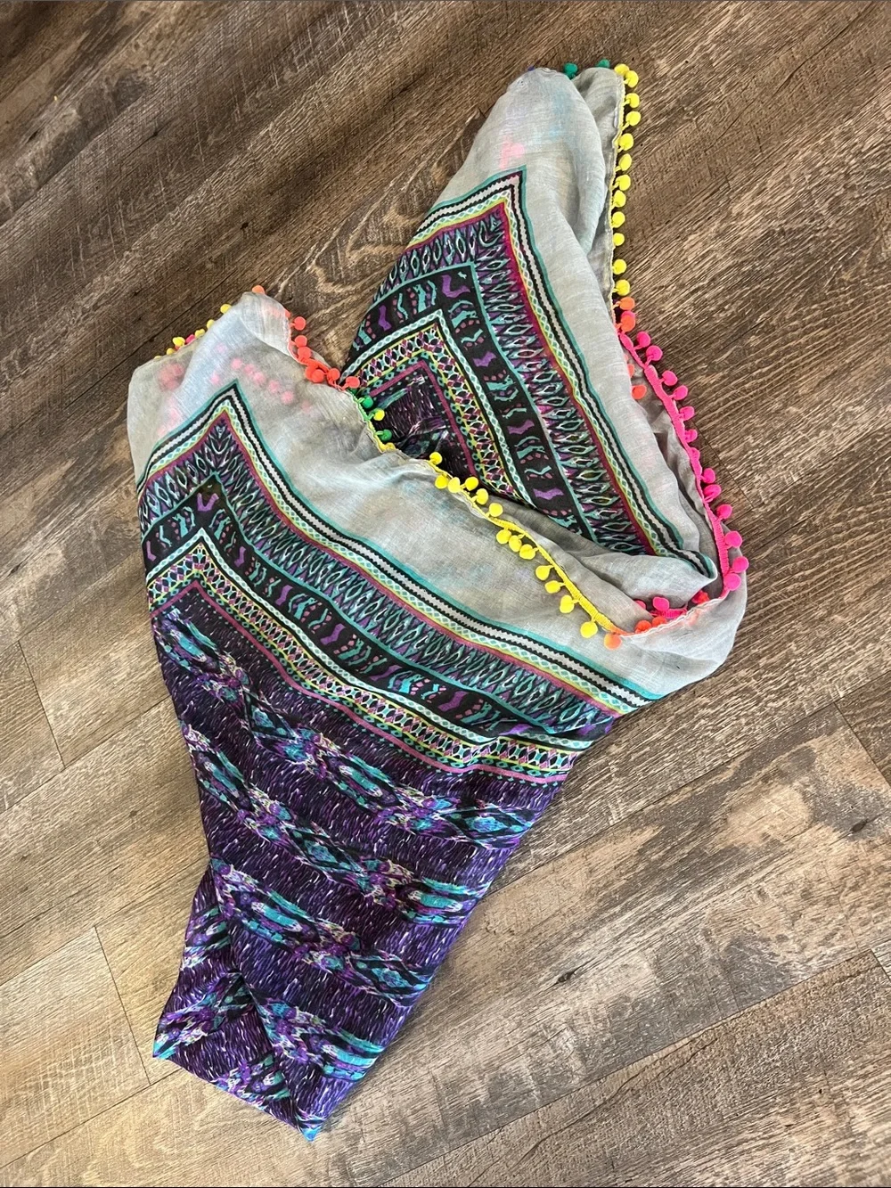 Boho Purple & Teal Printed Scarf with Pom Trim